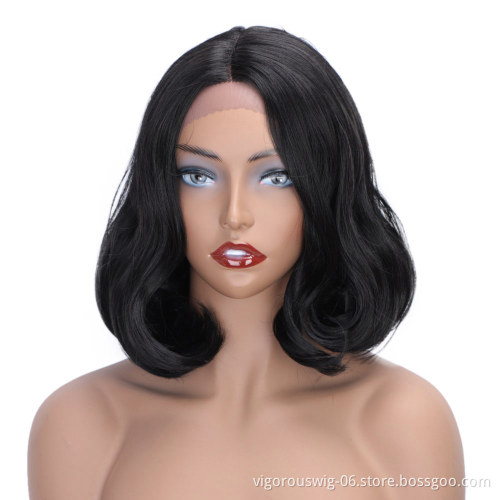 Body Wave Lace Front Black Short Bob Wig For Women Middle Part Synthetic Heat Resistant High Temperature Hair Wigs